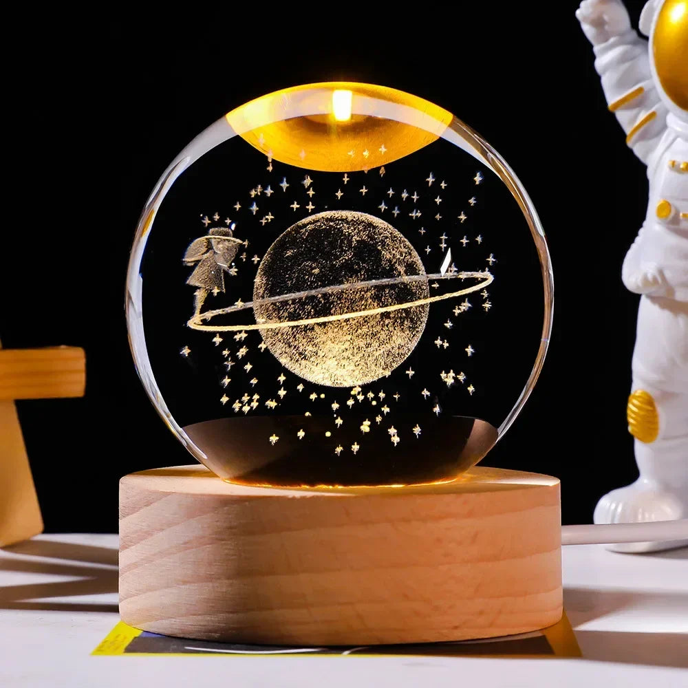 3D Galaxy Crystal Ball Light With Wooden Base Decor- free home delivery