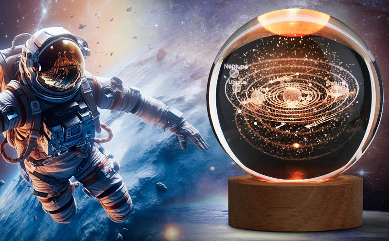 3D Galaxy Crystal Ball Light With Wooden Base Decor- free home delivery