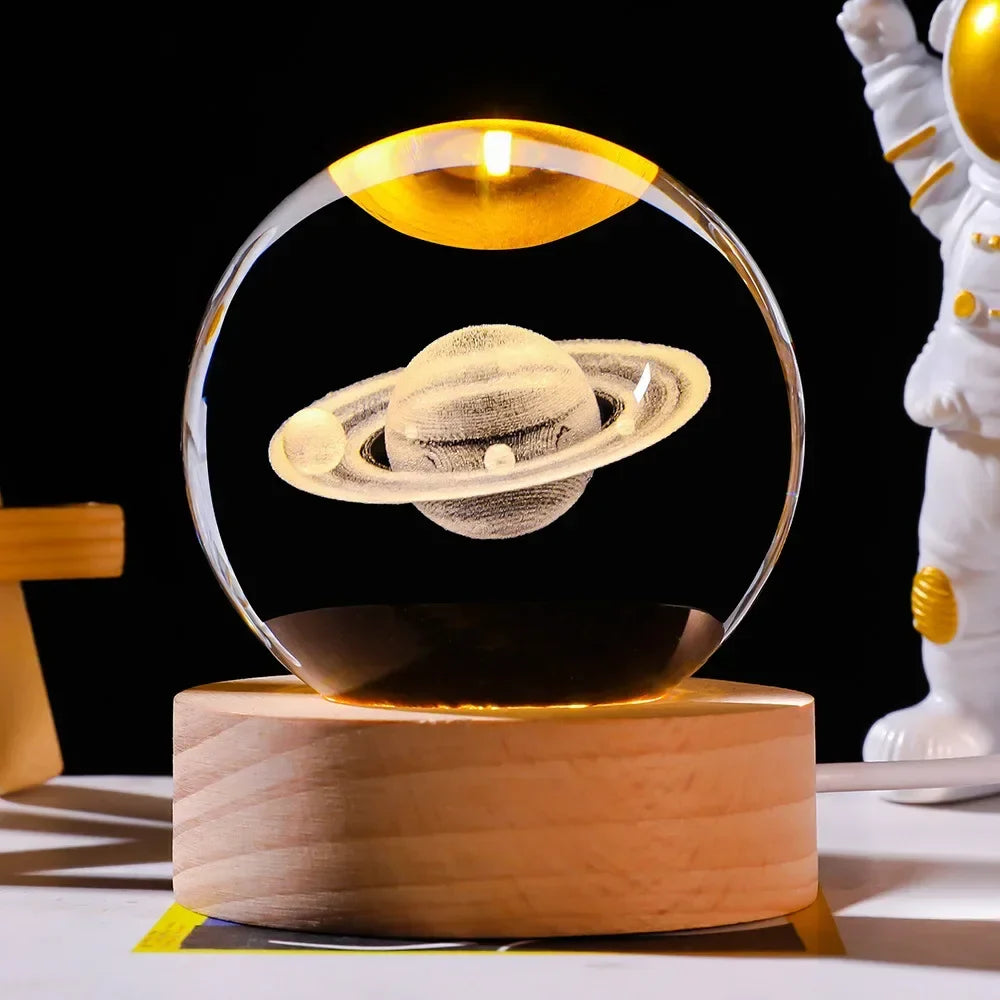 3D Galaxy Crystal Ball Light With Wooden Base Decor- free home delivery