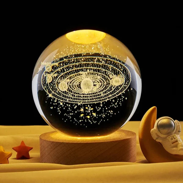 3D Galaxy Crystal Ball Light With Wooden Base Decor- free home delivery