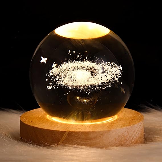 3D Galaxy Crystal Ball Light With Wooden Base Decor- free home delivery