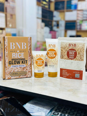 BNB Whitening Rice Extract Bright & Glow Kit (face wash|face exfoliating scrub|face mask) for skin