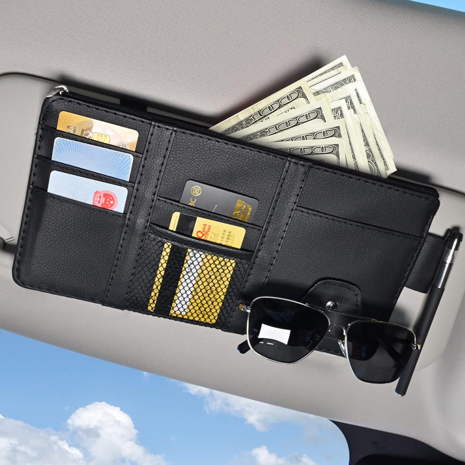 Sunglass Holder Pocket Organizer For Car With Multi-pocket Net For Card, Pen, Key, Sunglasses, Cash