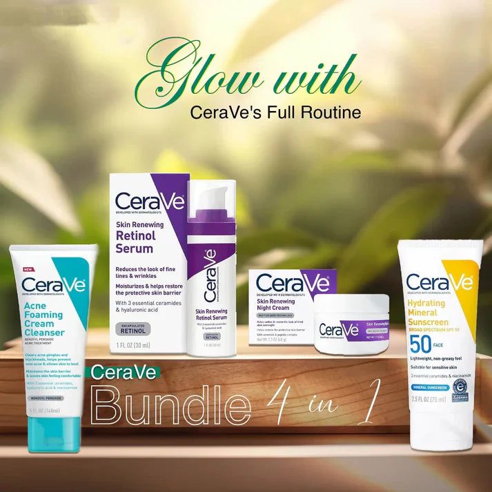 Cerave 4 In 1 Skincare Kit Night Cream, Sunblock, Cleanser & Serum For Radiant Skin- Directly Shipped from Wholesale Drugstore